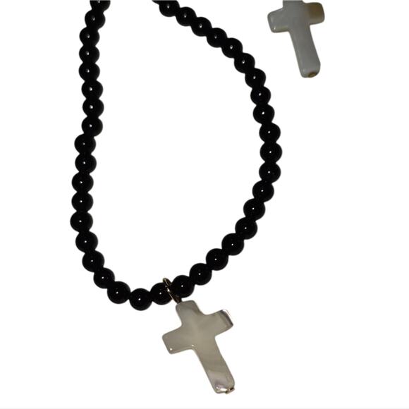 Susan Shaw Alys Black Onyx and Mother of Pearl Cross Necklace and Earrings New! - Picture 6 of 8